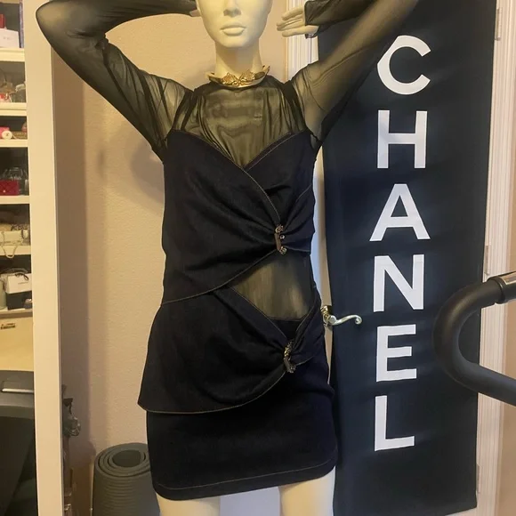 Versace denim stretch mesh black dress 8/10